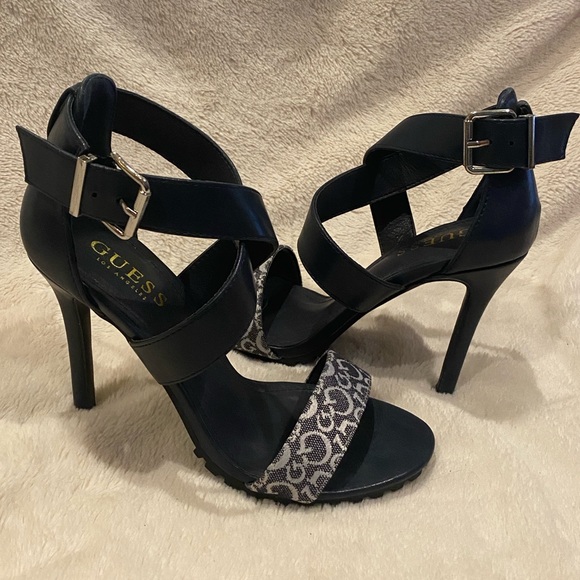 Guess Ankle Cross-Strap Slingback Ultra High Stiletto Heels Navy Blue Size 7 EUC - Picture 11 of 14